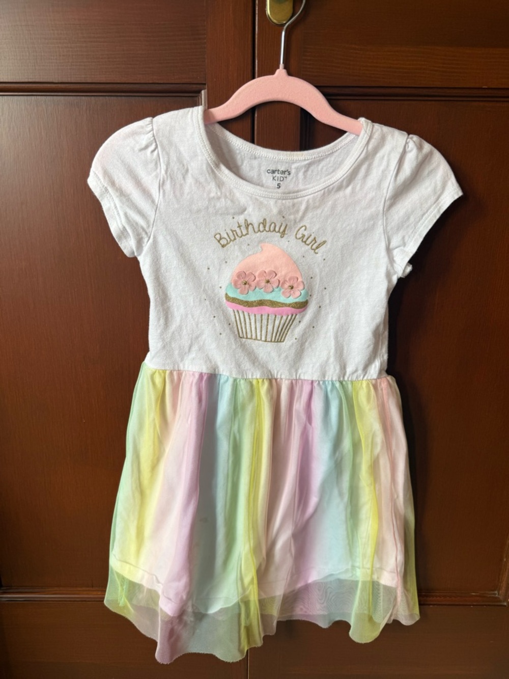 Carter's White Dress with Pastel Rainbow Tulle Skirt & Pink Cupcake Appliqué